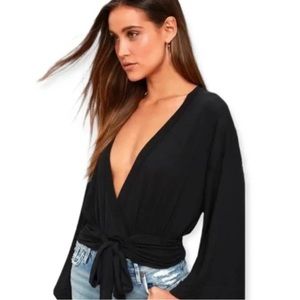 FREE PEOPLE Faux Wrap Top Knit BLACK SMALL
